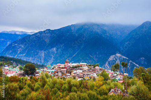 Kalpa town aerial panoramic view, India photo