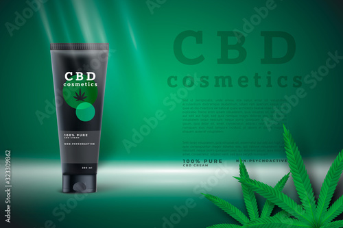 CBD cosmetics packaging design on bright green background with 3d realistic cannabis leaves.