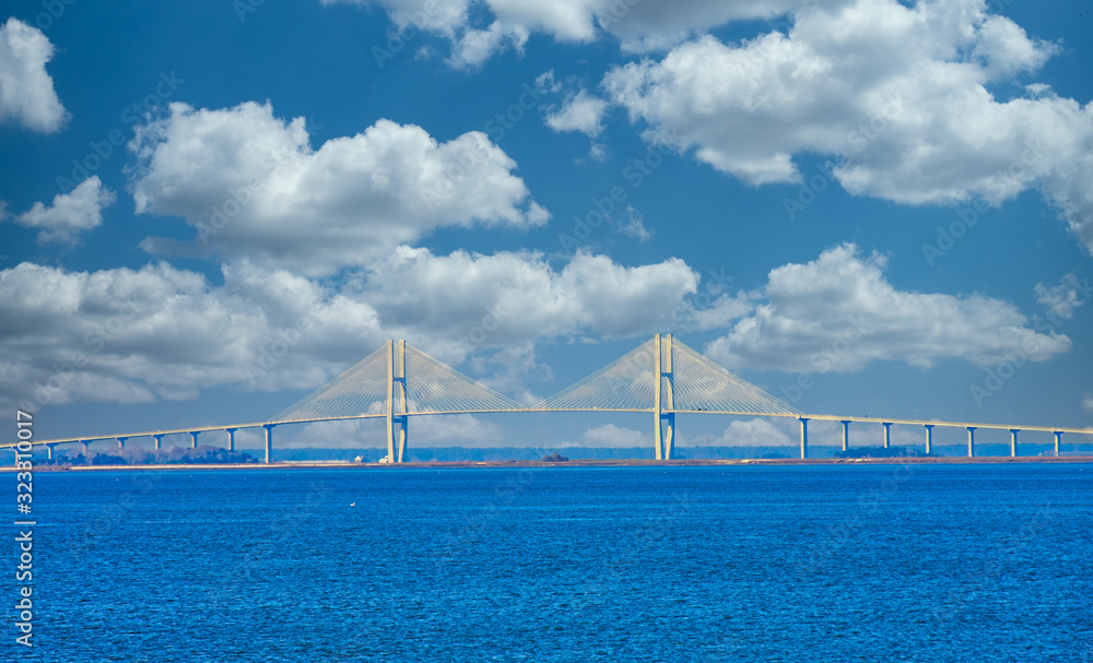 Fototapeta premium A white suspension bridge over a blue shipping channel