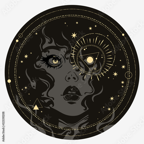 Mystical face of a girl with golden alchemical symbols.