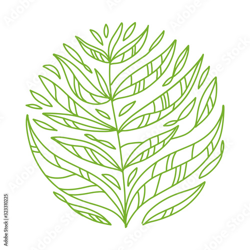 Green and white doodle leaves circle composition. Outlined hand drawn vector illustration