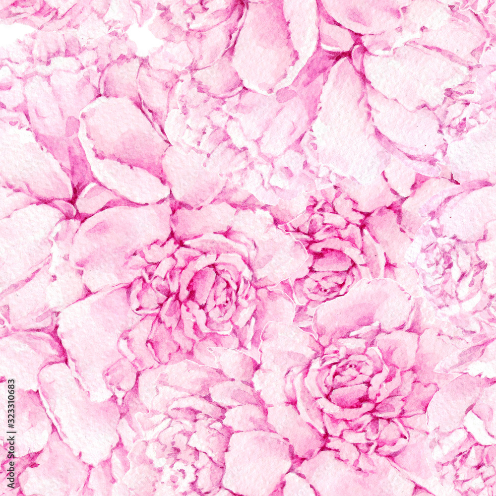 Fototapeta premium Hand drawn watercolor floral illustration. Realistic peony flower on a white, isolated background. Seamless peon flower pattern. For wedding invitation, textile, print.