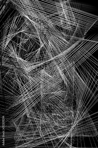 Abstract Black and White Striped Pattern. Discontinuous Lines Isolated on Black Background. Industrial Digital Spider Web. 3D Illustration