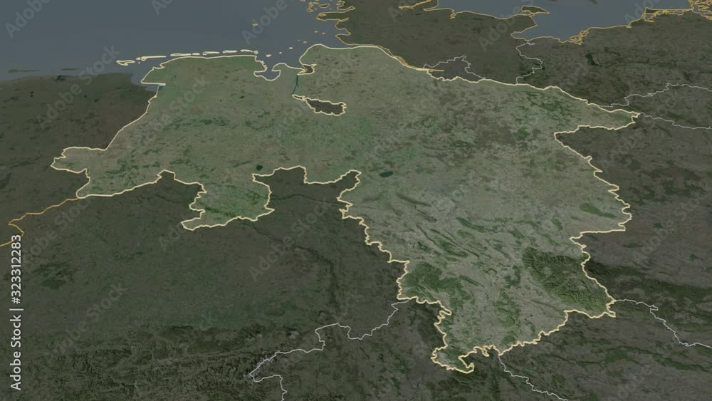 Niedersachsen, state with its capital, zoomed and extruded on the satellite map of Germany in the conformal Stereographic projection. Animation 3D Niedersachsen, state with its capital, zoomed and extruded on the satellite map of Germany in the conformal Stereographic projection. Animation 3D