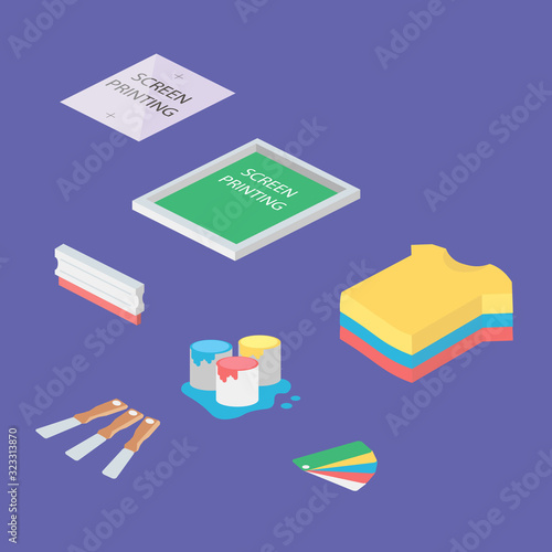 Screen printing tools. Isometric vector eps illustration. Printing on a T-shirt using a squeegee and a stencil form. Silk Screen, serigraphy set.