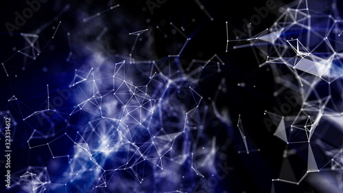 Abstract black and white background with blue glow from the connecting particles. 3d render illustration