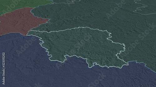 Saarland, state with its capital, zoomed and extruded on the administrative map of Germany in the conformal Stereographic projection. Animation 3D