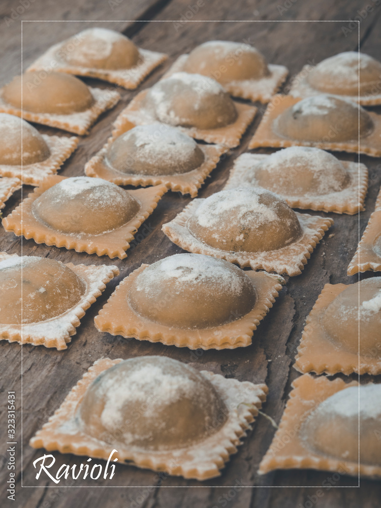 organic traditional ravioli handmade vegan filled with spinach and ricotta with frame and lettering