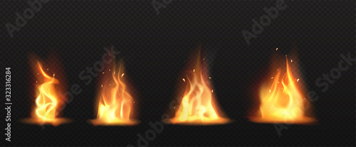 Realistic fire, torch flame set isolated on transparent background. Burning campfire or candle blaze effect, glow orange and yellow shining flare design elements 3d vector illustration, icon, clip art