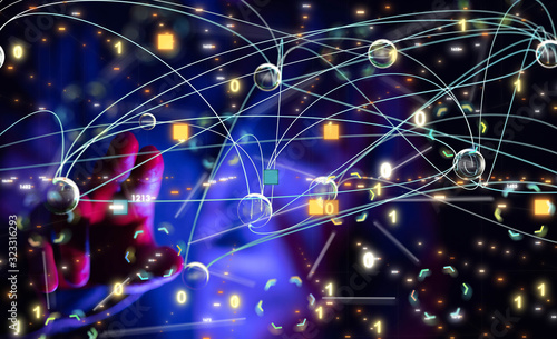 Photos code data concept in hand digital 3d