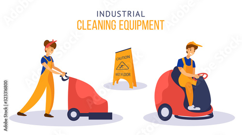 Girl and man cleaning service workers using scrubber machines and floor washing machines