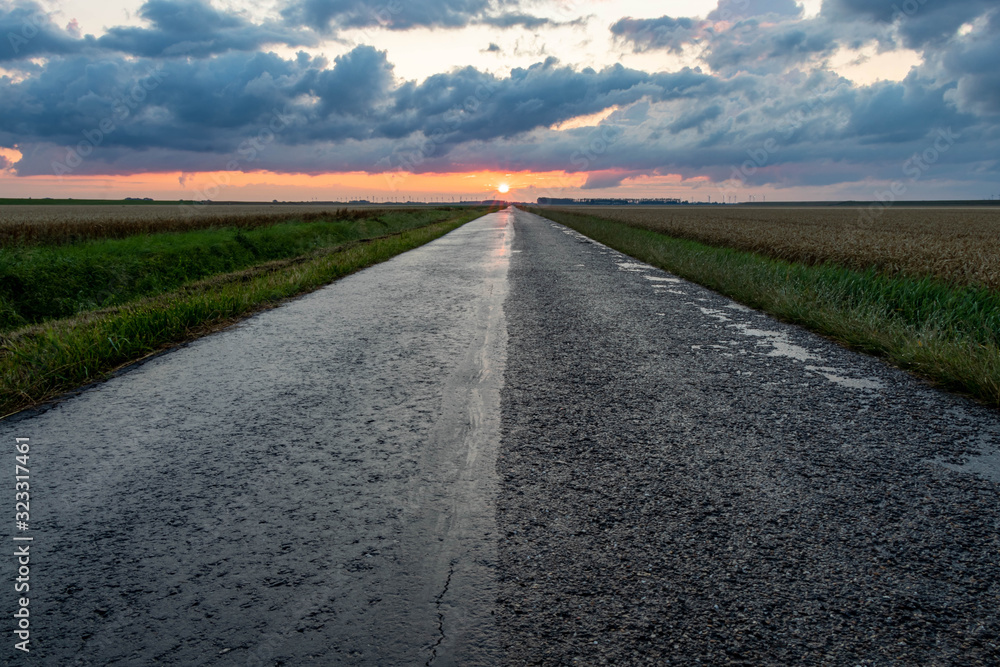 road in the field during sunset.