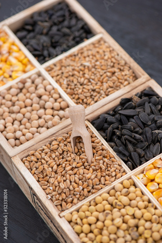 Small box with various grains and cereals on wooden table, top view, copy space