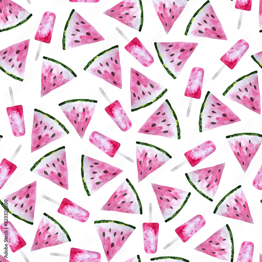 Summer seamless pattern with watermelon and fruit ice pops. Colorful watercolor illustration on white background. Digital paper for wallpaper, scrapbooking, textile , wrap Summer seamless pattern with watermelon and fruit ice pops. Colorful watercolor illustration on white background. Digital paper for wallpaper, scrapbooking, textile , wrap