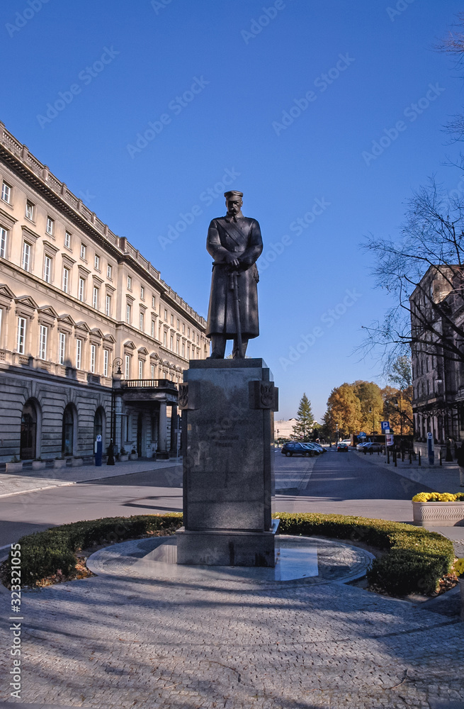 Jozef Pilsudski Monument located near Pilsudski Square in Warsaw city, Poland