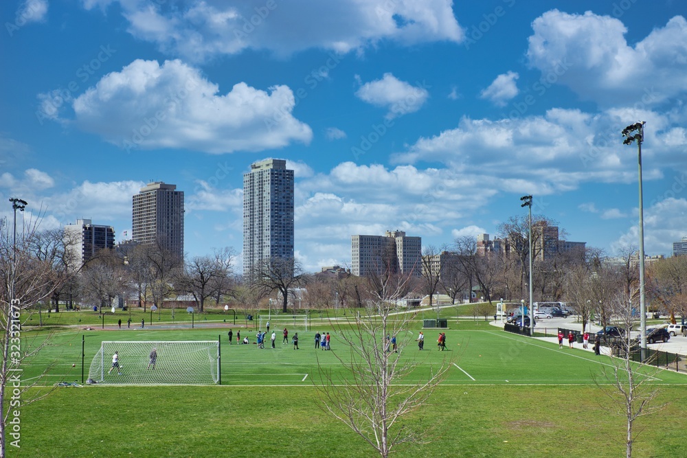 view of the city of Chicago lincoln park soccer field