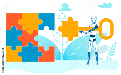 Machine Learning Solving Task, Complete Puzzles. Robot Holding Key In Shape Of Missing Jigsaw Piece Vector Illustration. Deep Learning Algorithm, Program Making Progress Metaphor Concept © Mykola