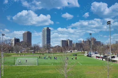 view of the city of Chicago lincoln park soccer field