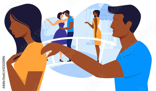 Relationship Breakup Flat Vector Illustration. Angry Girlfriend and Sad Boyfriend Cartoon Characters. Treason, Betrayed Wife Leaves Disloyal Husband. Love Crisis, Marriage Problem, Family Quarrel
