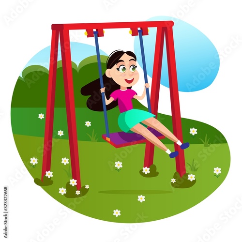 Happy Cartoon Girl Character on Swing Vector Illustration. Green Grass Field Playground Park. Backyard Garden Wooden Swing Kid Fun Outdoors. Enjoy Childhood Summer Holidays Leisure
