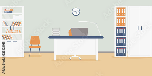 Interior of working place in office on the light grey background. Vector illustration. Furniture: table, chair, cabinet with folders and box,paper stand.Wall clock,lamp,wardrobe. For advertising,sites