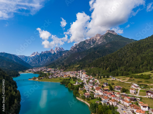 Aerial view of Santa Caterina lake and Auronzo di Cadore comune, Dolomites photo