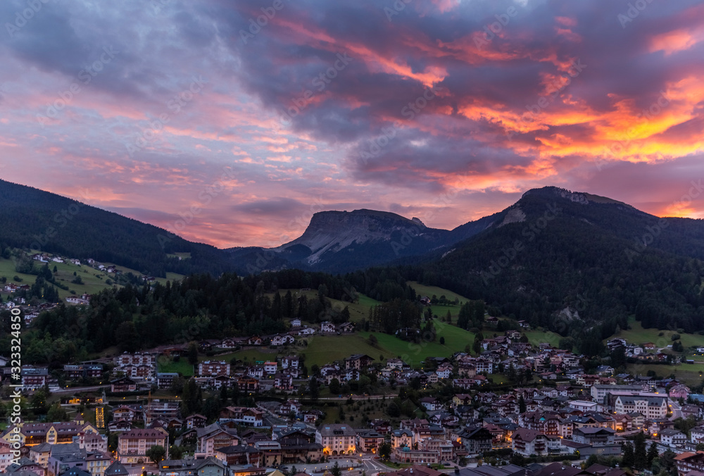 Red evening skies over the Ortisei in Italy