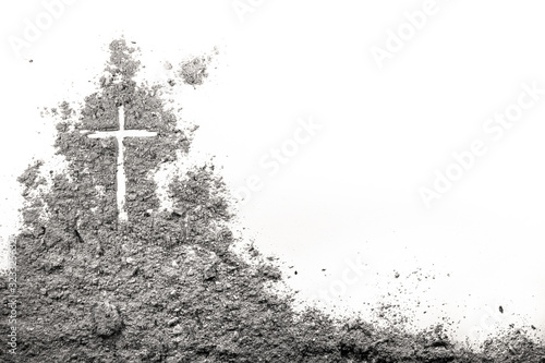 Fényképezés Golgotha hill with cross of Jesus Christ drawing made in ash, sand or dust as ch