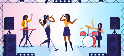 Female Pop Rock Band Concert Vector Illustration. Singers Duet, Drummer and Keyboard Player Cartoon Characters. Talented Young Musicians, Performers Live Performance. Rock n roll music Stage Show