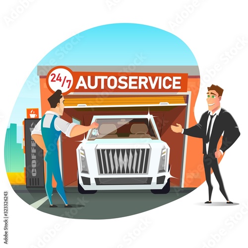 Happy Smiling Car Owner, Businessman in Formal Suit Character Receiving Keys from Repairman in Uniform. Professional Elite Auto Service, Automotive Garage. Noctidial Help. Vector Flat Illustration