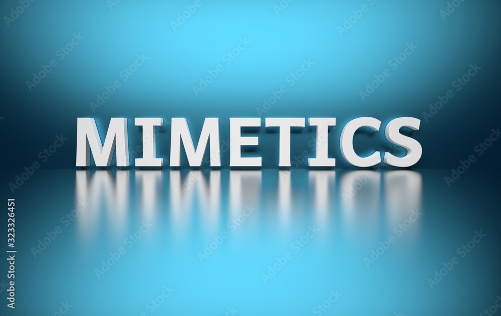 Scientific word Mimetics written in bold white letters on blue background.