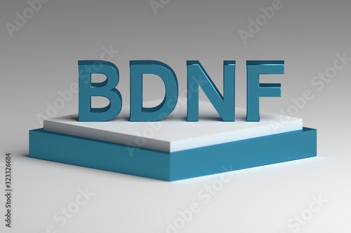 Abbreviation BDNF standing for Brain-derived neurotrophic factor in bold blue letters standing on white blue pedestal photo