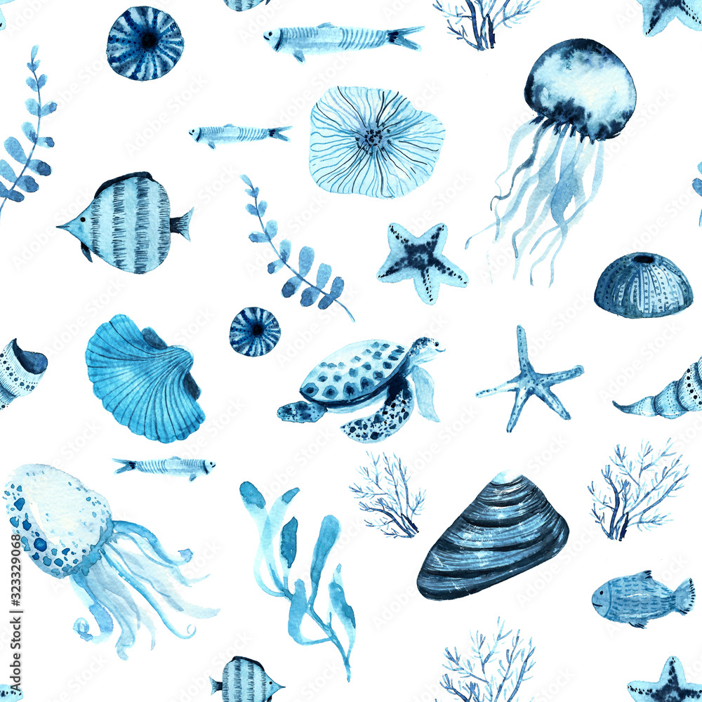 Watercolour painted indigo ocean life fish and seashells set. Seamless pattern Watercolour painted indigo ocean life fish and seashells set. Seamless pattern