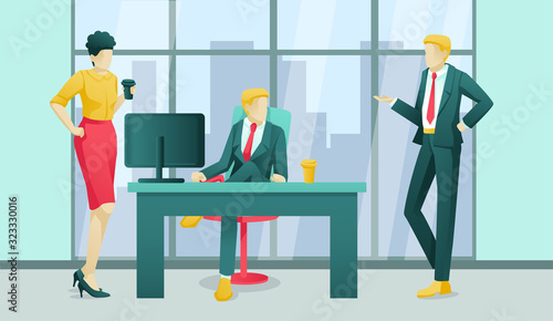 Cartoon Workers Characters Having Coffee Break at Office. Faceless Coworkers, Partners, People Talking, Discussing News, Sharing Ideas. Communication, Work Pause, Lunch Time. Vector Flat Illustration