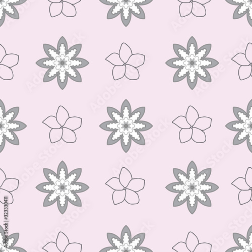 Plumeria Tile-Flowers in Bloom seamless repeat pattern in grey and white. Graphic classic plumeria Flowers pattern background. Flowers surface pattern design, perfect for fabric, scrapbook, wallpaper. © Tal la Vie