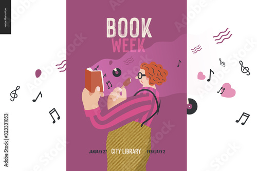 World Book Day poster template -book week events. Modern flat vector concept illustrations -reading people. Red-haired man wearing vinatge outlook walking in town, eating ice cream, reading music book