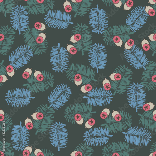 Acron and Leaves -Nature Spirit SeamlesAcron and Leaves-Nature Spirit Seamless Repeat Pattern Festive Pattern Background. Surface pattern Design in red, petrol, green,black and cream. s Repeat Pattern