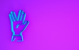 Blue Vulcan salute icon isolated on purple background. Hand with vulcan greet. Spock symbol. Minimalism concept. 3d illustration 3D render