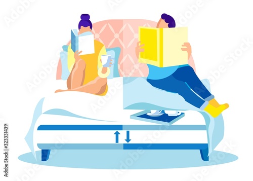 Young Loving Couple Spending Time Together in Bedroom, Reading Bedside Books Before Falling Asleep, Having Some Herbal Tea or Warm Milk, Lying on Comfortable Bed with Summer Winter Type Mattress.