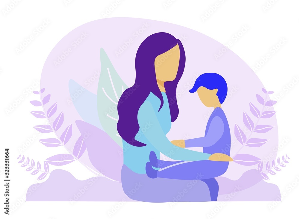 Faceless Mother Sitting with Son and Holding Boy, Adorable Toddler on Knees. Plants Foliage Design Vector Cartoon. Happy Motherhood, Love and Care. Relationships and Child Guidance Flat Illustration Faceless Mother Sitting with Son and Holding Boy, Adorable Toddler on Knees. Plants Foliage Design Vector Cartoon. Happy Motherhood, Love and Care. Relationships and Child Guidance Flat Illustration