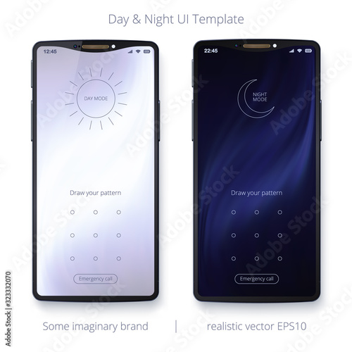 Day and night display modes of smartphone custom interface. Vector 3D realistic mockup. UI widgets of Sun, Crescent and lock pattern. Modern template with a bright and dark abstract fluid backgrounds