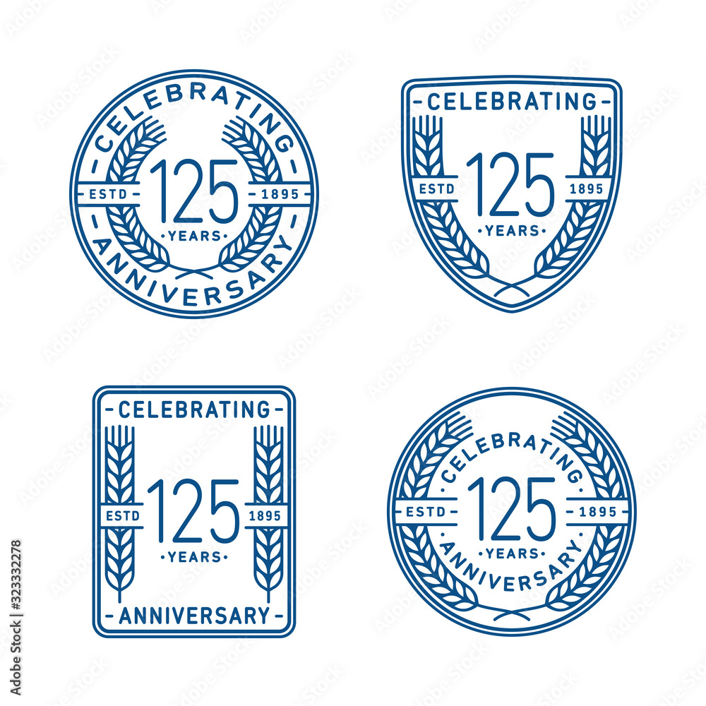 125 years anniversary celebration logotype. One hundred twenty fifth anniversary logo collection. Set of anniversary design template. Vector and illustration.