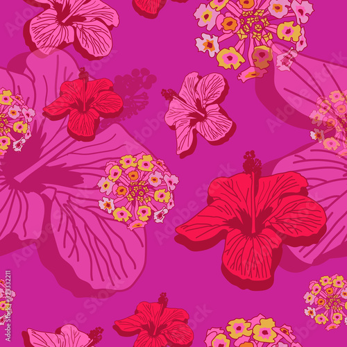 Hibiscus Lantana-Flowers in Bloom Seamless Repeat Pattern. Hibiscus and lantana flowers pattern background design in pink maroon  yellow and orange. Surface pattern Design. Perfect for Fabric  Scrapbo