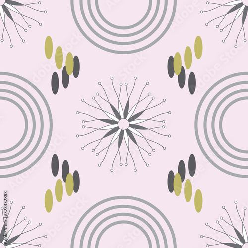 Garden Tile-Geometric Modern Flowers Seamless repeat pattern background. Surface pattern Design in grey,white and olive green . Perfect for Fabric, Scrapbook, wallpaper photo