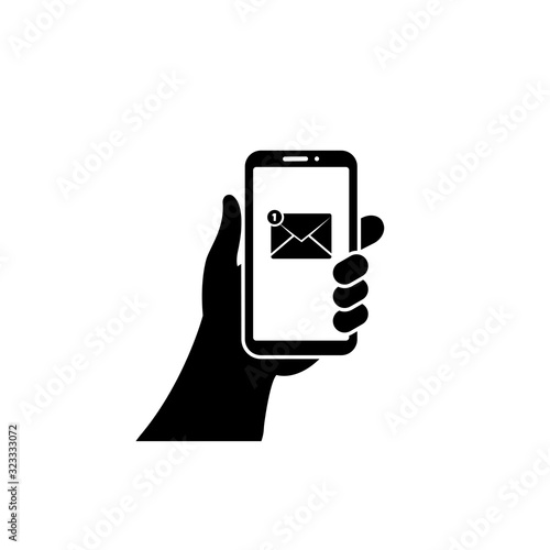 Smartphone in hand icon vector illustration isolated on white background. Checking message in phone