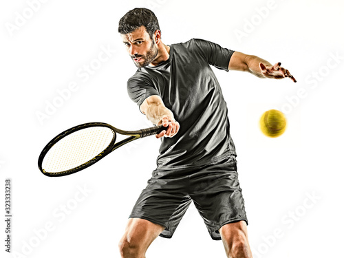 mature tennis player man forehand front view isolated white background © snaptitude