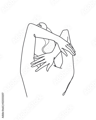 Vector drawing continuous line style, beautiful woman from the back isolated illustration. 