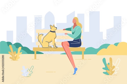 Young Woman Domestic Animal Owner Spending Time with her Dog Sitting on Bench in City Park at Summer Time. Leisure, Relaxing Sparetime with Pet, Walking Outdoors. Cartoon Flat Vector Illustration