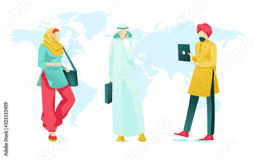 Cartoon Arabian Businesspeople Characters on World Map. Teamwork, Coworking, Partnership and Successful Business. United Arab Emirates or Saudi Arabia Dwellers. Vector Flat Illustration