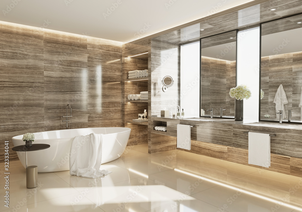 3d interior of a brown grey marble bathroom with a bathtub
